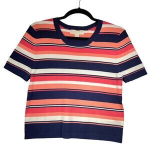 Michael Kors Navy Pink Striped Short Sleeve Crew Neck Knit Top Womens XL